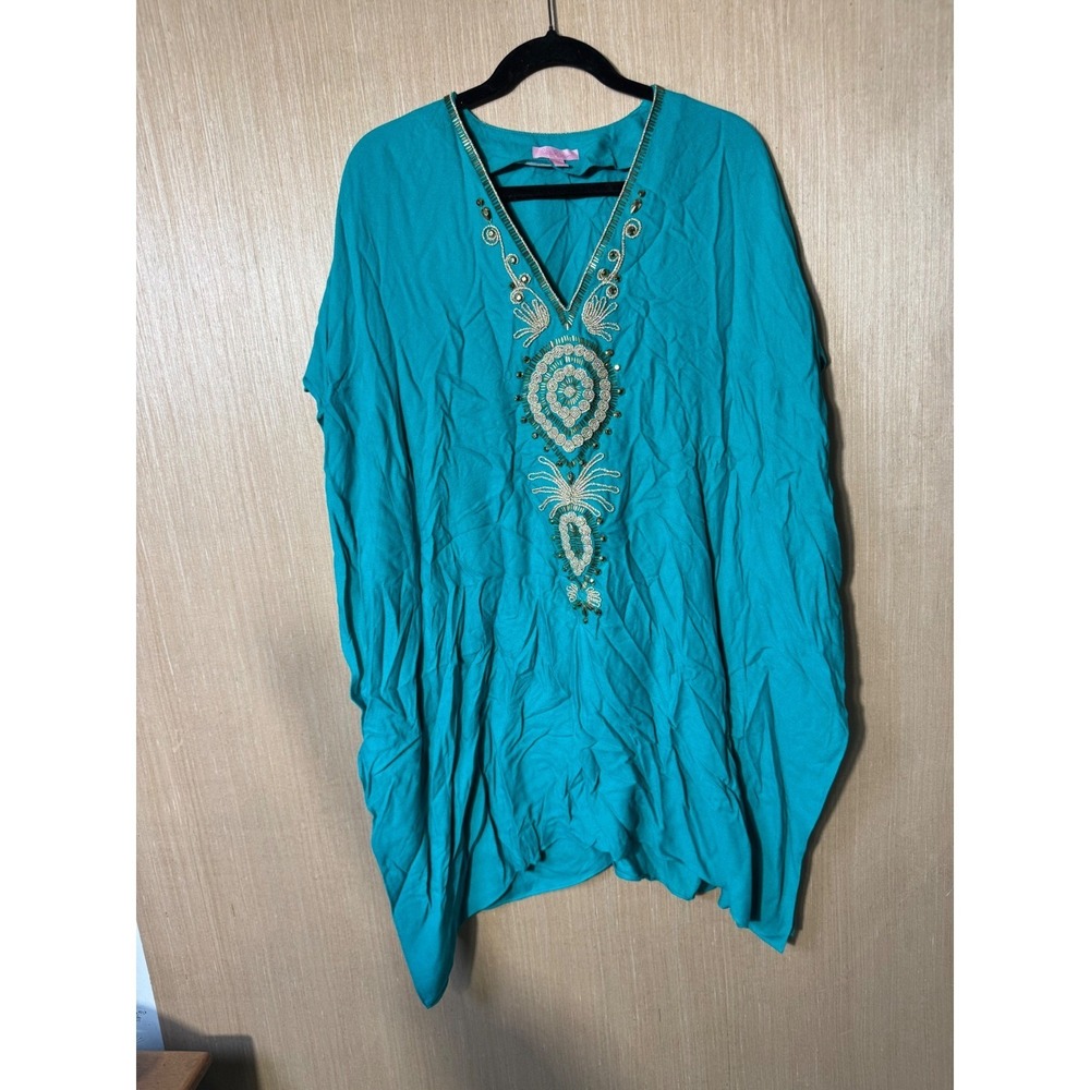 Lilly Pulitzer Chai Embroidered Beaded‎ Teal Blue Caftan Tunic Top Sz S/M